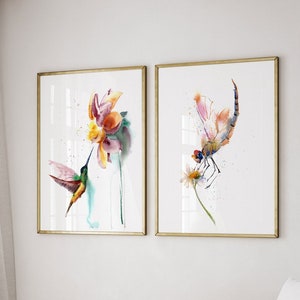 Set Of 2 Painting, Hummingbird and Dragonfly Prints, Floral Wall Decor, Bird Watercolor, Bedroom Wall Art, Nature Art Prints, Flower Artwork
