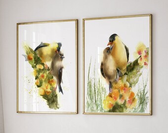 Goldfinch Birds Set Of 2 Prints, Mustard And Yellow Bedroom Wall Art, Watercolor Birds in Love, Mulleins Flowes Painting Decor