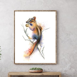 Chipmunk Print Watercolor Painting, Whimsical Wild Animal Art for Kids Room, Nature-Inspired Cozy Wall Decor, Cute Animal Picture