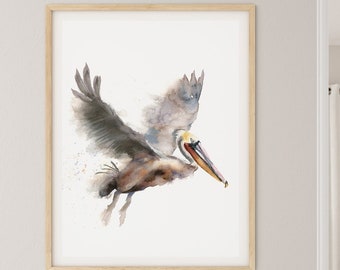 Brown Pelican Art Print, Flying Bird Wall Decor, Minimalist Watercolor Painting