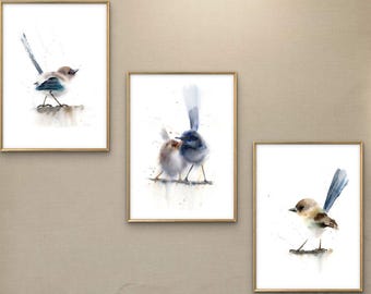 Juego de 3 láminas de acuarela de reyezuelos, ilustraciones de aves, decoración de pared para habitación infantil.