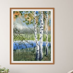 Birches Forest Watercolor Landscape Painting Trees Wall Art Decor