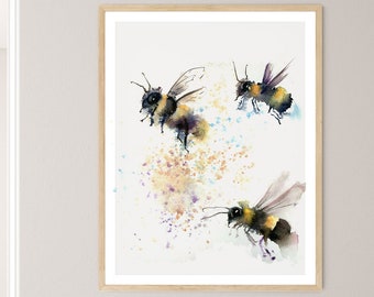 Lebendiges Bienen Kunstwerk von Original Aquarell auf einem Giclée Druck