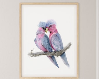 Parrot Print, Two Birds In Love Wall Art Decor, Galah Print, Kissing Bird, Watercolor Painting, Couple Of Cockatoo, Bird Lover Gift