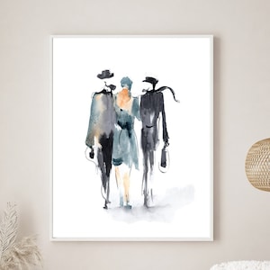 Abstract people art print Minimalist watercolor painting wall art decor, Modern Street figure artwork, Walking three person print