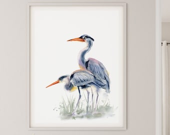 Watercolor Heron Bird Art Print, Two Wading Birds Wall Art Decor, Giclée Wall Hanging, Fine Art Print, Bathroom Wall Art,  Bird Lover Gift