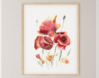 Poppies Fine Art Print, Watercolor Red Flowers Wall Decor, Abstract Impressionist Floral Painting, Botanical Artwork