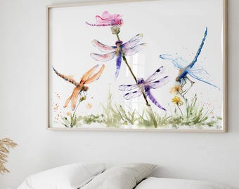 Dragonfly Watercolor Art Print: Modern Bathroom Wall Decor