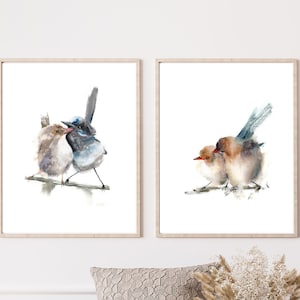 Set Of 2 Birds Print, Love Birds Paintings, Wren Wall Art, Watercolor Posters, Boho Artwork, Minimalist Wall Decor, Home Gallery Set