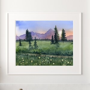 Watercolor Forest Landscape Art Print: Serene Green Pine Tree Mountain Scene