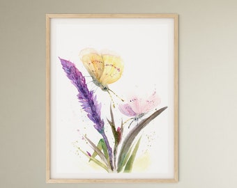 Insect and Floral Painting - Watercolor Butterflies Art Giclée Print Home Decor