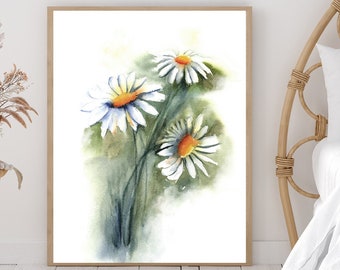 Daisy Watercolor Print, Floral Painting Wall Art, Kitchen Wild Flower Illustration Decor