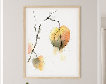 Autumn Leaf Print Watercolor Painting, Fall Artwork Bedroom Wall Art Decor