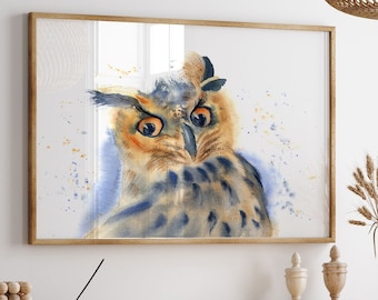 Great Horned Owl Print, Wild Bird Watercolor Painting, Wall Art Cabin Lodge Decor, Nursery Forest Room Horizontal Artwork