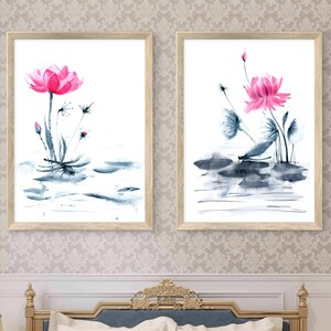 Lotus and Dragonfly Watercolor Print Set: Japanese Bathroom Art