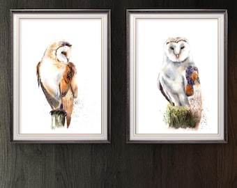 Eule Kunstdruck, Aquarell Eule Wandkunst, Schleiereule Malerei, Druck-Set 2, Waldvogel Wanddrucke Set, weiße Eule Wohnkultur, Tier Kunst