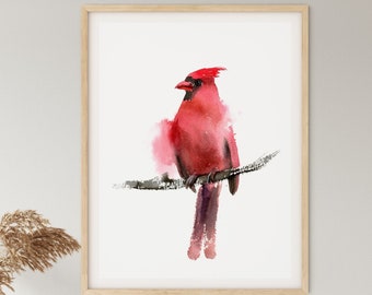 Red Cardinal Art Print Wall Decor, Minimalist Watercolor Northern Bird Painting on White Background