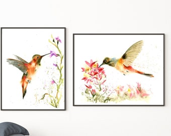 Hummingbird Prints, Set Of 2 Wall Art, Colorful Bird Painting, Living Room Wall Decor, Watercolor Tropical Bird Wall Art