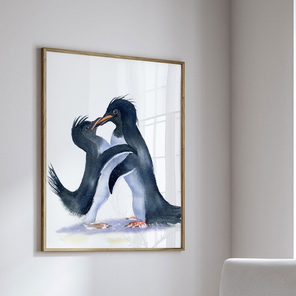 Penguin Love Art Print, Nordic Nursery Wall Decor, Watercolor Painting Bird Lover Gift