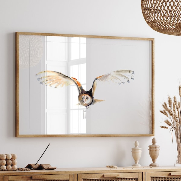 Flying Barn Owl Watercolor Art Print, Bird Print, Owl Painting, Minimalist Aesthetic Wildlife Wall Art For Living Room