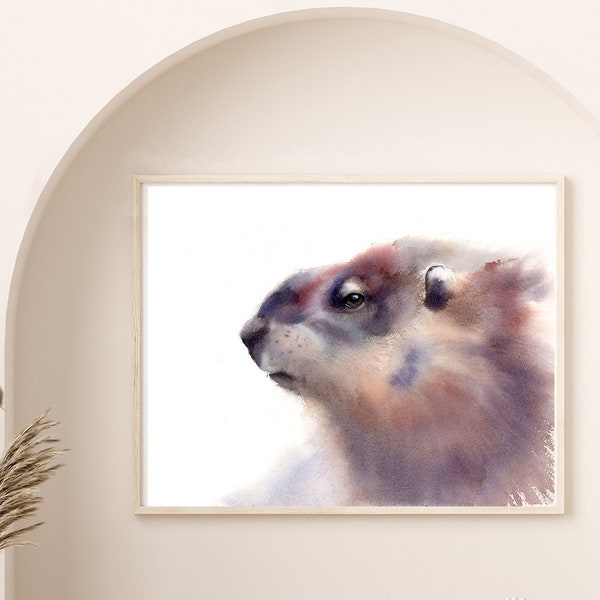 Watercolor Groundhog Art Print, Woodchuck Realistic Painting, Wild Woodland Animal Portrait, Marmot Artwork Horizontal Wall Decor