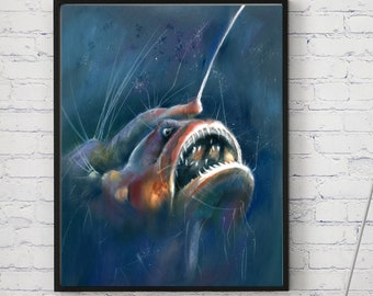Deep Sea Fish Wall Print, Under The Sea Artwork, Underwater Illustration, Deep Sea Wall Art, Ocean Life Art Print, Deep Sea Creature Print