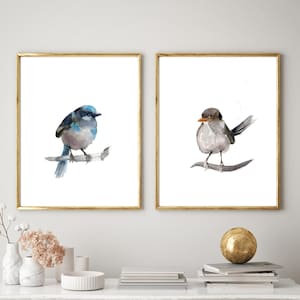 Minimalist Birds Wall Prints Set of 2, Watercolor Bird Illustrations, Giclée Living Room Wall Art Decor, Nature Prints for Home