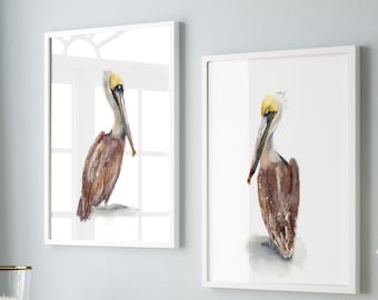 Brown Pelicans Prints, Set Of 2 Wall Art, Watercolor Birds Painting, Bathroom Wall Art Decor, Housewarming Gift