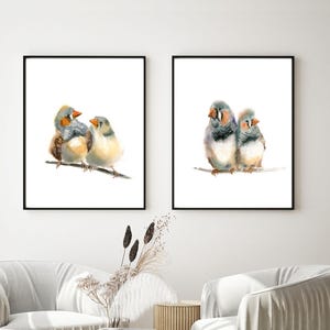 Zebra Finch Prints - Set of 2 Watercolor Bird Wall Art, Cute Diptych Painting for Bird Watcher Gift, Two Birds In Love on Branch