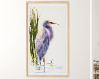 Heron In Grass Watercolor Print, Nature Painting Long Wall Art Decor