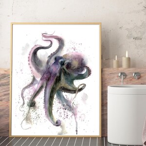 Octopus Art Print Watercolor Painting Coastal Purple Wall Decor