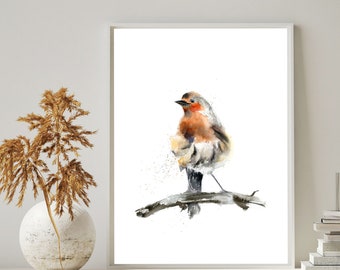 Robin On A Branch Print, European Bird Watercolor Painting, Orange Gray on White Background Wall Art Decor