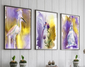 Set of 3 Watercolor Prints, Dragonfly, Snowy Egret, and White Parrot Wall Art Purple Yellow Wildlife Decor