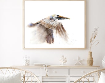Aquarelprint van een bruine pelikaan – Wilde vogel, vliegende vogel, decoratie voor strandhuis