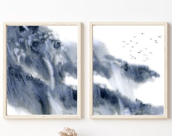 Set of 2 Pieces Wall Art Prints, Bluish Gray Modern Watercolor Abstract Landscape Painting