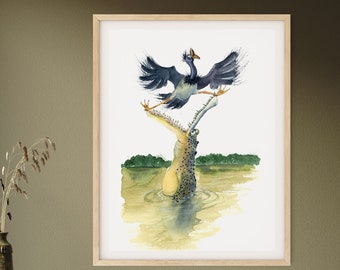 Alligator Art Print, Krokodil und Vogel Aquarell Malerei, Wildtiere Cartoon Dschungel Jagd Kinderzimmer Wanddekoration