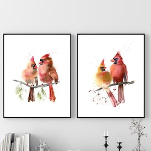 Northern Cardinal Birds Painting Set Of 2 Prints, Birds Lover Gift, Watercolor Prints, Birds Giclée Print, Bird Lover Gift