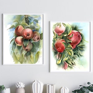 Set di 2 stampe artistiche di frutta ad acquerello, decorazioni da parete botaniche con mele e melograni, pittura di piante per cucina e soggiorno