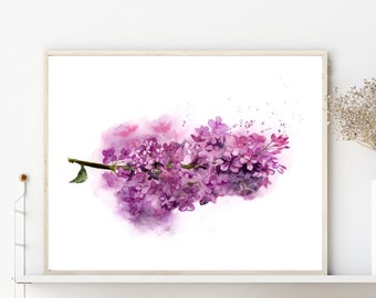 Lilac Art Print Wall Art Decor, Horizontal Art Purple Lilac Painting, Botanical Artwork, Watercolor Flower, Floral Giclée Print Gift For Her
