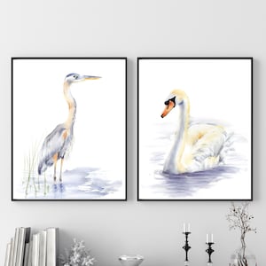 Delicate Set of 2 Heron and Swan Watercolor Prints - Tranquil Bedroom and Bathroom Decor, Wading Birds Diptych Wall Art Living Room Decor