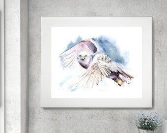 White owl painting woodland nursery poster Polar Owl art print wall decor Flying bird  Watercolor Snowy owl fine art print