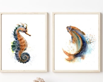 Set of 2 Art Prints Seahorse And KOI Fish Watercolor Calm Bathroom Decor, Ocean Animals Wall Artwork