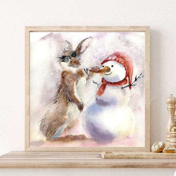 Christmas Illustration Print, Square Wall Art, Watercolor Snowman and Rabbit Painting , Christmas Décor, Winter Snow Artwork, Animal Print