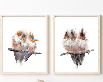 Set of 2 Painting, Cuckoo Birds Watercolor Prints perfect for nursery wall art decor