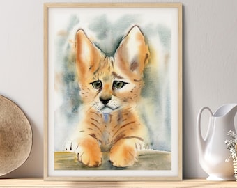 Serval Cat Print, Baby Animal Watercolor Painting, Jungle Nursery Wall Art Decor, Pastel Orange And Turquois Gray