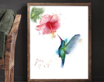 Hummingbird Art, Watercolor Painting Print, Bird And Flower Poster, Kolibri Wall Art, Pink Flower Wall Hanging, Tropical Bird Art Print