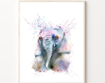 Abstract Elephant Art Print, Baby Animal Painting, Pink Bluish-Gray Safari Art Watercolor Artwork, Kids Room Quirky Art Decor