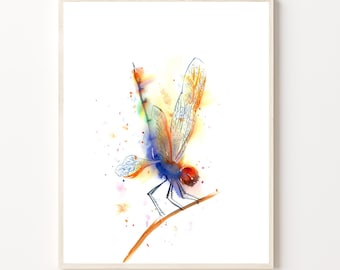 Dragonfly Print Wall Art Decor, Watercolor Insect Painting, Colorful Dragonfly Giclee Fine Art Print Vibrant Artwork, White Background