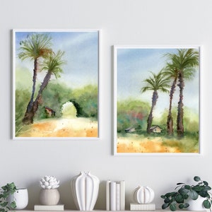 Palm Prints Set Of 2 Piece, Tropical Landscape Wall Art, Watercolor Palm Tree Painting, Summer Nature Wall Art Indoor Diptych Wall Decor