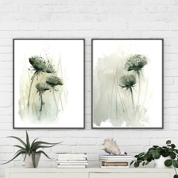 Queen Annes Lace Art, Wildflowers Prints Set Of 2, Floral Wall Prints, Watercolor Flower, Greenery Wall Decor, Floral Posters, Kitchen Decor